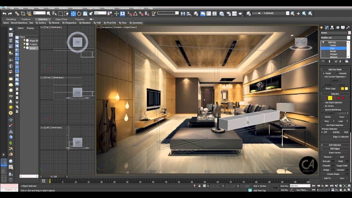 3ds Max professional interface with 3D modeling workspace