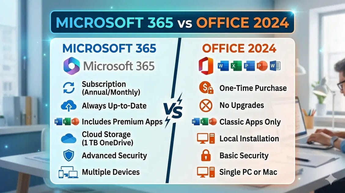 Cost comparison chart Microsoft 365 subscription versus Office 2024 one-time purchase